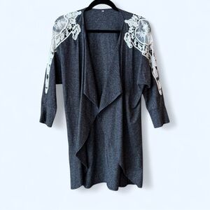Gray Open Front Cardigan with Lace Detail